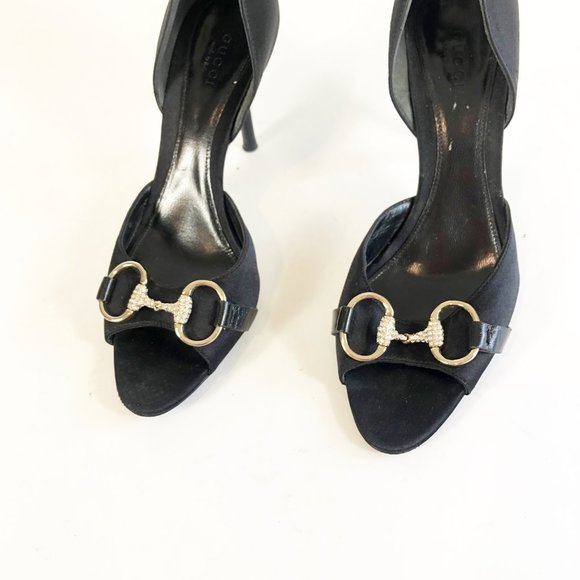Gucci Black Horsebit Open Tie Hollywood Heels 7B - Picture 3 of 13